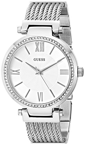 GUESS Stainless Steel Crystal Bangle Bracelet Watch with Self-Adjustable Links. Color: Silver-Tone (Model: U0638L1)