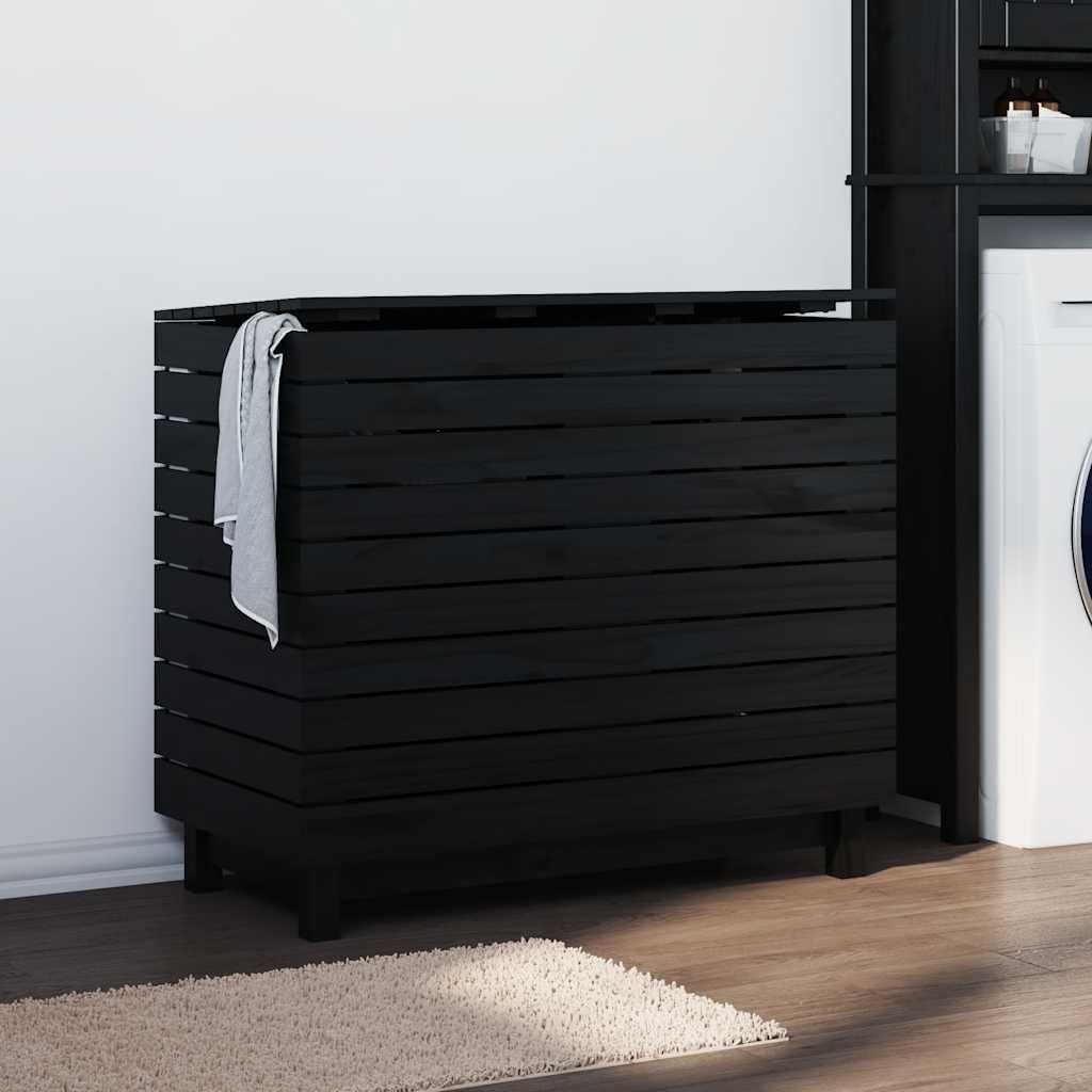 Wäschetruhe aus massivem Kiefernholz 88,5 x 44 x 76 cm schwarz mit Deckel für Badezimmer Schlafzimmer Waschküche Wäschebehälter Ordnung und diskrete Aufbewahrung
