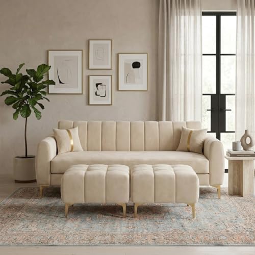 Image of Hermione 5 Seater L Shape Sofa Set with 2 Movable Ottoman | Flexible Left or Right Layout | Luxe Velvet Suede Fabric | Comfortable Seating | Modern Sofa for Living Room - Cream