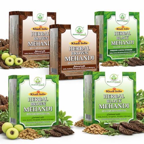 Image of Khadi Organic and Natural Black With Brown Mehandi Powder Combo Pack | Herbal Henna Hair Color for Hair | Chemical Free & Long Lasting Color | Henna Powder for Stunning Black Hair By Bhudevam Naturals - Pack of 5