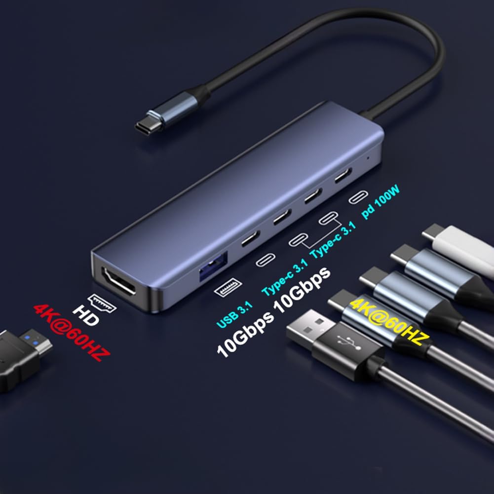 Hub USB-C 6 in 1 con modalità Alt DP Type-C, Dotato di Uscita Video Duale HDTV 4K/60Hz, velocità di Trasferimento Dati USB3.2 Gen2 10Gbps e Ricarica PD da 100W.