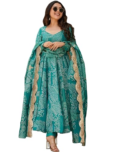 Image of Pinkmint Women's Bandhani Print Flared Anarkali Muslin Kurta Set with Pant & Stylish Dupatta Ethnic Long Sleeve Dress Suit Set (Avaiable in Plus size)