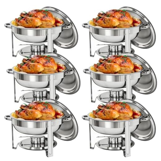 ZENY Pack of 6 Round Chafing Dish Full Size 5 Quart Stainless Steel Deep Pans Chafer Dish Set Buffet Catering Party Events Warmer Serving Set Utensils w/Fuel Holder