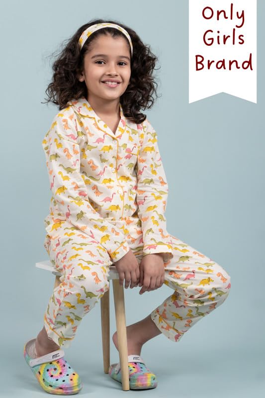 Image of Tweeny Mini Kids Girls Pure Rayon Night Suit | Sleepwear| Night Wear | Nightdress | Top Shirt & Pyjama Combo Set Floral Printed with Pockets Full Sleeves