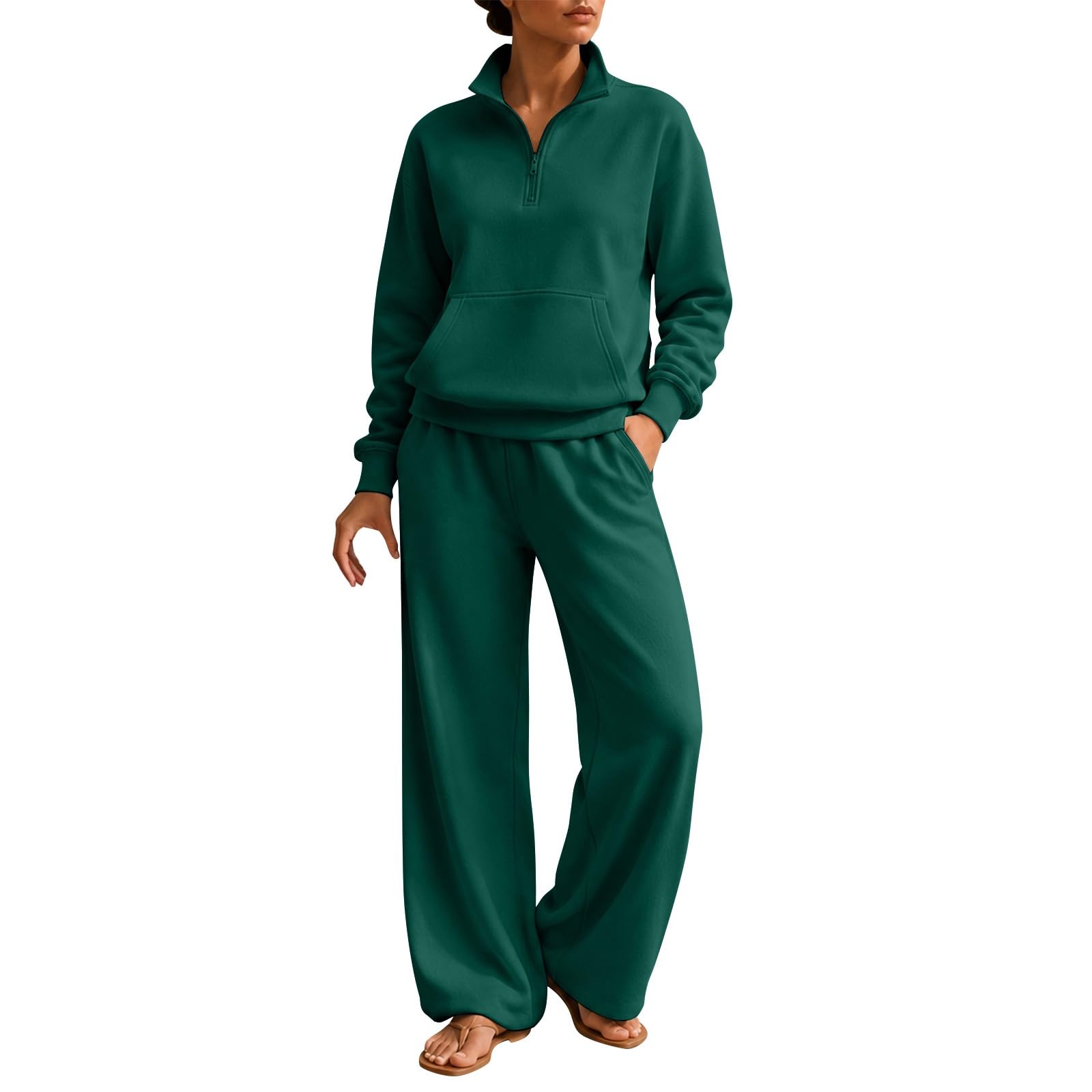 Survêtement pour femme - Survêtement ample - Couleur unie | Col montant avec demi-fermeture éclair - Pull sans capuche - Survêtement avec pantalon droit - 2 pièces - Ensemble de jogging