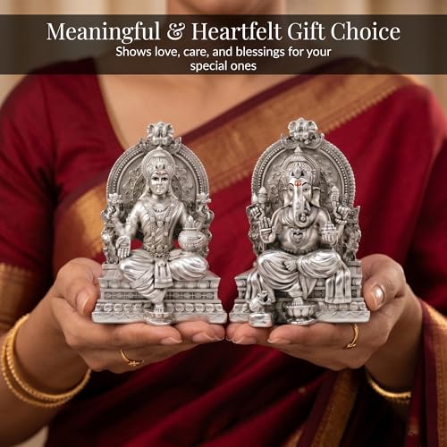 Image of Premium Silver-Plated Lakshmi Ganesha Idol Murti Set | Laxmi Ganpati Statue for Home Temple| Pooja Room | Office Desk | Mandir Decor | Diwali | Housewarming | Wedding Gift | 3.7 Inch