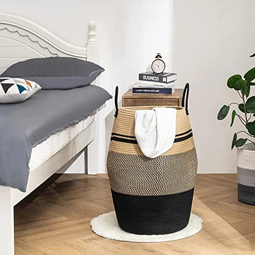 Image of 65L Extra Large Woven Laundry Hamper Basket With Heavy Duty Cotton Rope Handles For Clothes And Toys In Bedroom, Nursery Room, Bathroom (13 inch X 15 inch, Beige)