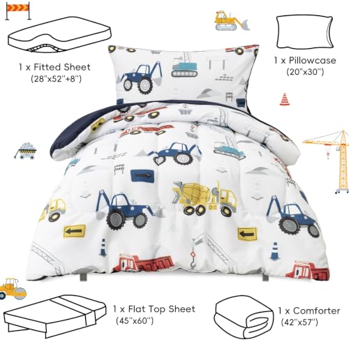 Image of PHF 4 Piece Toddler Bedding Set, Ultra Soft Toddler Comforter Sets Include Comforter, Fitted Sheet, Flat Top Sheet and Pillowcase for Boys, Bed in A Bag for Toddler Bedroom, Truck and Digger