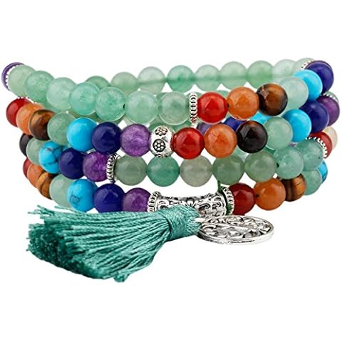 Shanxing 6mm 108 Prayer Beads Mala Bracelet with Tassel Tibetan Buddhist Buddha Meditation Stone Necklace, 7 Chakra & Green Aventurine, Total Length About 27.5” / 70cm Cover