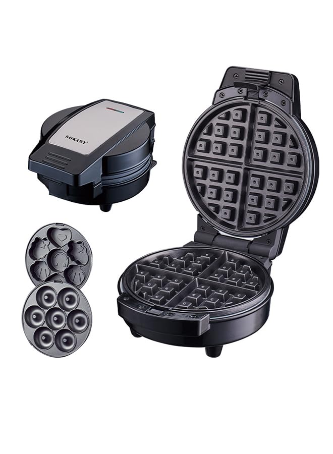 3-In-1 Non-Stick Snacks Maker with Waffle Plate/Cartoon Cake Plate/Doughnut Plate 600 W SK-08006 Black