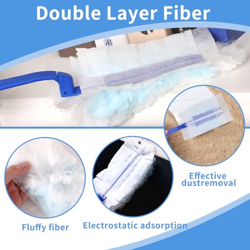 Image of 60 Pcs Blue Duster Refills Static Dust Removal Brush Disposable Replacement Head with 1 Handle for Electronics, Furniture, Blinds, Ceiling Fans