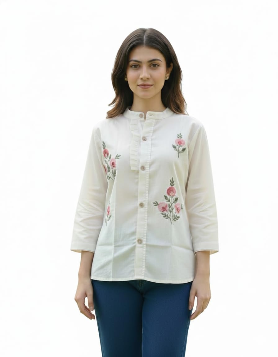 hitarth fashion Women Khadi Cotton Classic Collar Shirt with 3/4 Sleeves and Floral Embroidery-picture-41