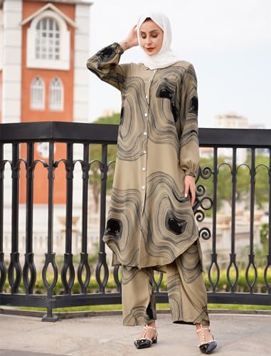 Image of IDOPIP Abaya Dress for Women Muslim Set Long Sleeve Chiffon Islamic Dress Shirt with Pants 2PCS Dubai Prayer Casual Clothes