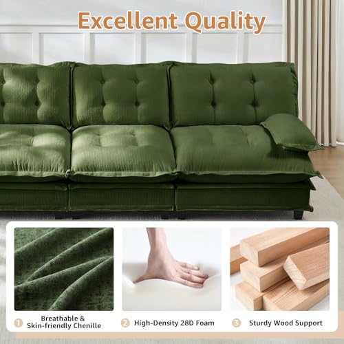 Image of 77 inch L-Shaped Sectional Couches for Living Room, Green 2 Seater Modern Chenille Deep Seat Sofa Set, Salas para Casa, High Back Love Seat Couches, Cloud Modular Sectional Sets with Ottoman