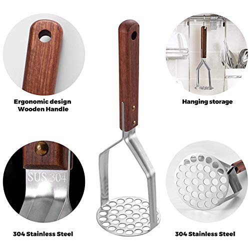 Schiacciapatate In Acciaio Inox Con Manico In Legno Antiscivolo, Piatto Forato Ovale, Doppio Supporto, Resistente Alla Ruggine E Facile Da Pulire