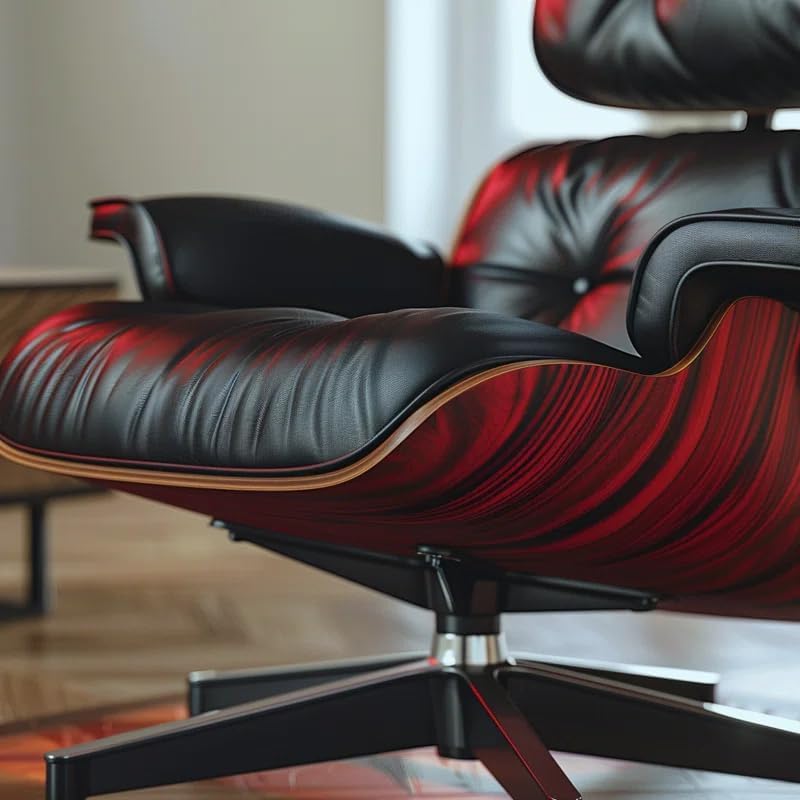 Image of Top Black Grain Leather, Mid Century Chaise Lounge Chair and Ottoman, Modern Chair Classic Design, Red Rosewood, Heavy Duty Base Support for Living Room Office