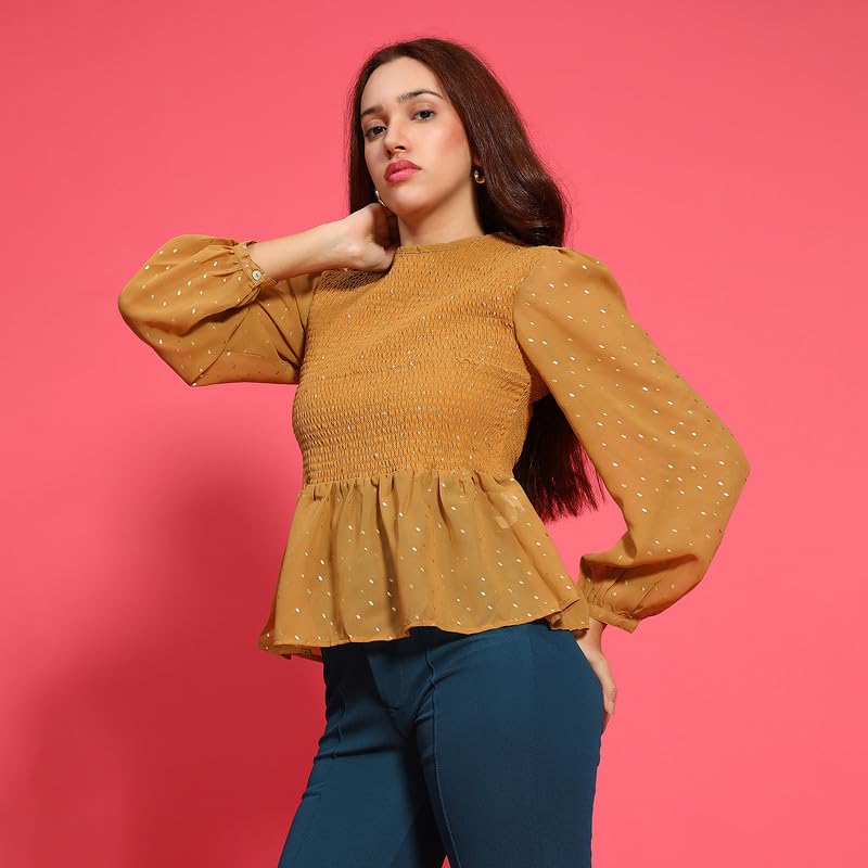 Image of oxolloxo Women Round Neck Long Sleeve Smocked Peplum Top