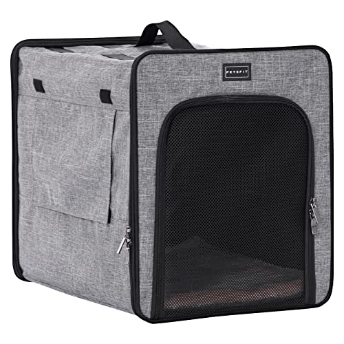Petsfit faltbar Hundebox, aus kratzfestem Stoff, Hundebox Auto Hundetransportbox für kleine Hunde mit Plüschkissen & Aufbewahrungstasche,Grau,S 53x38x46cm