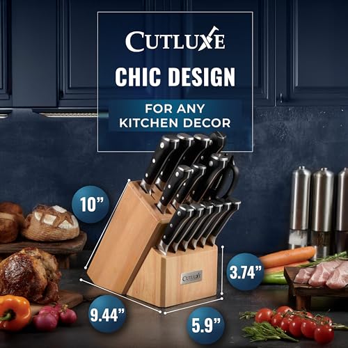 Image of Cutluxe 15-Piece Knife Set - Premium Rubberwood Wood Block - Knife Set for Kitchen, Ultra Sharp High Carbon German Stainless Steel, Full Tang - Artisan Series