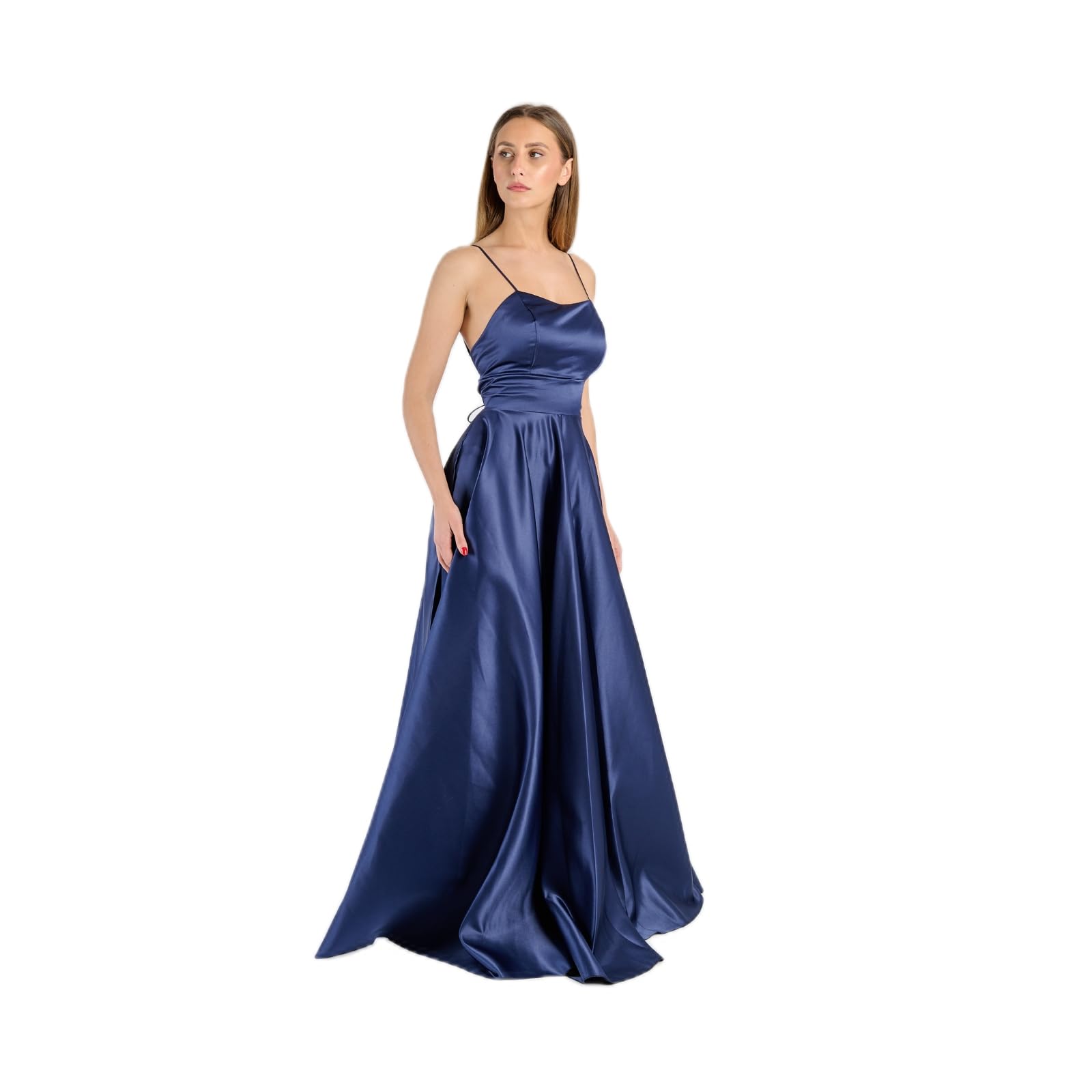 Abito Lungo Elegante Donna in Raso – Spalline Sottili, Schiena Scoperta con Allacciatura, Linea Ampia Fluida – Vestito da Cerimonia, Festa, Evento Formale
