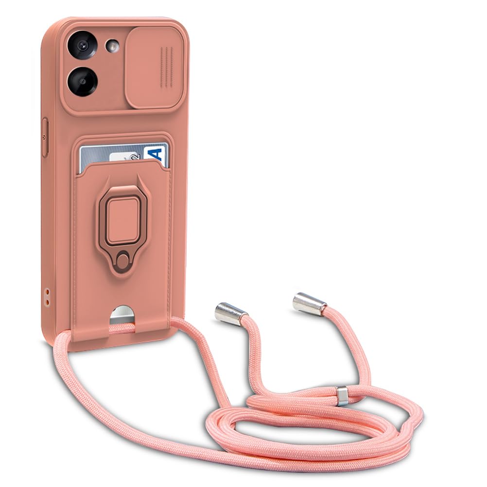 Funda Compatible con Xiaomi Poco M7 Pro 5G,Cuello Cordón Carcasa Silicona Suave,Ranura con Tarjetas,Carcasa Cubierta cámara Deslizante Proteger, Anillo Soporte (Pink)