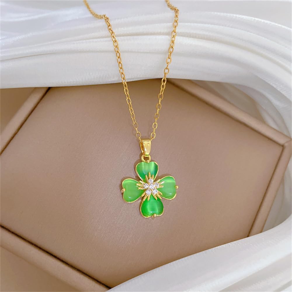 Dtja Dainty Green Clover Leaf Pendant Necklace for Women 14K Gold Plated Crystal Elegant Luck Heart Cat's Eye Link Charm Chain Adjustable St.Patrick's Day Birthday Anniversary Jewelry Gift 18" - Image 4