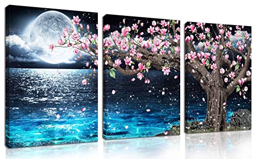 HUBOSKN Blue Ocean Wall-Art - Pink Wall Decor for Office - Tree Wall Art for Living Room Moon 3 Pieces Canvas Art Picture 16x12 Inches