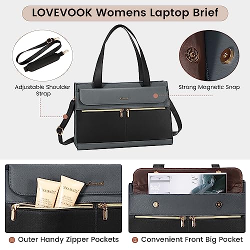 Image of LOVEVOOK Laptop Tote for Women - 15.6 Inch Professional Leather Computer Briefcase - Waterproof Shoulder Bag - Large Capacity Business Teacher Office Bag - Crossbody Purse