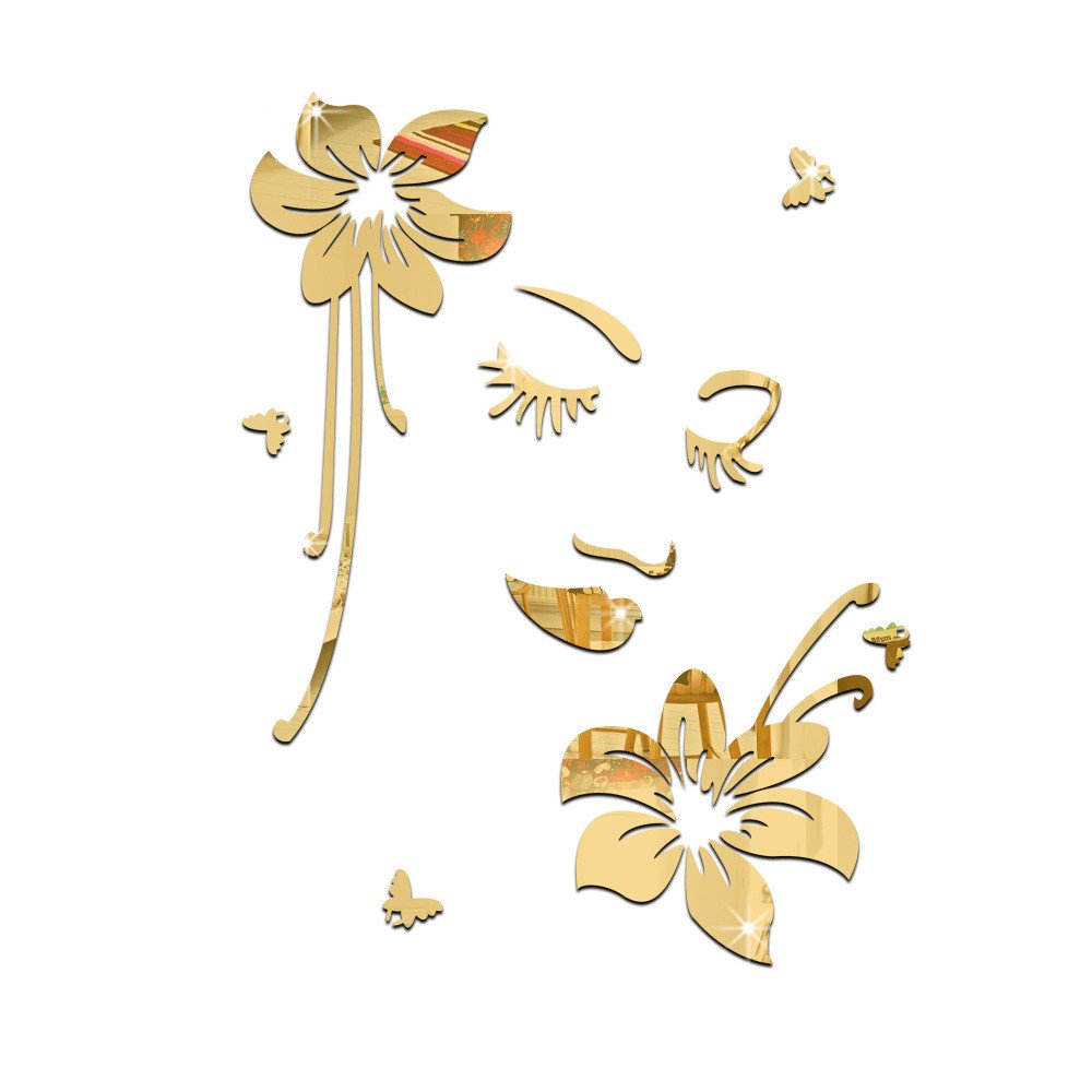 HEYING Romantic Europe Beauty Flowers Mirror Wall Stickers 3D Acrylic Mirrored Decorative Sticker Wall Decals For Bedroom Living Room Decor (Gold)