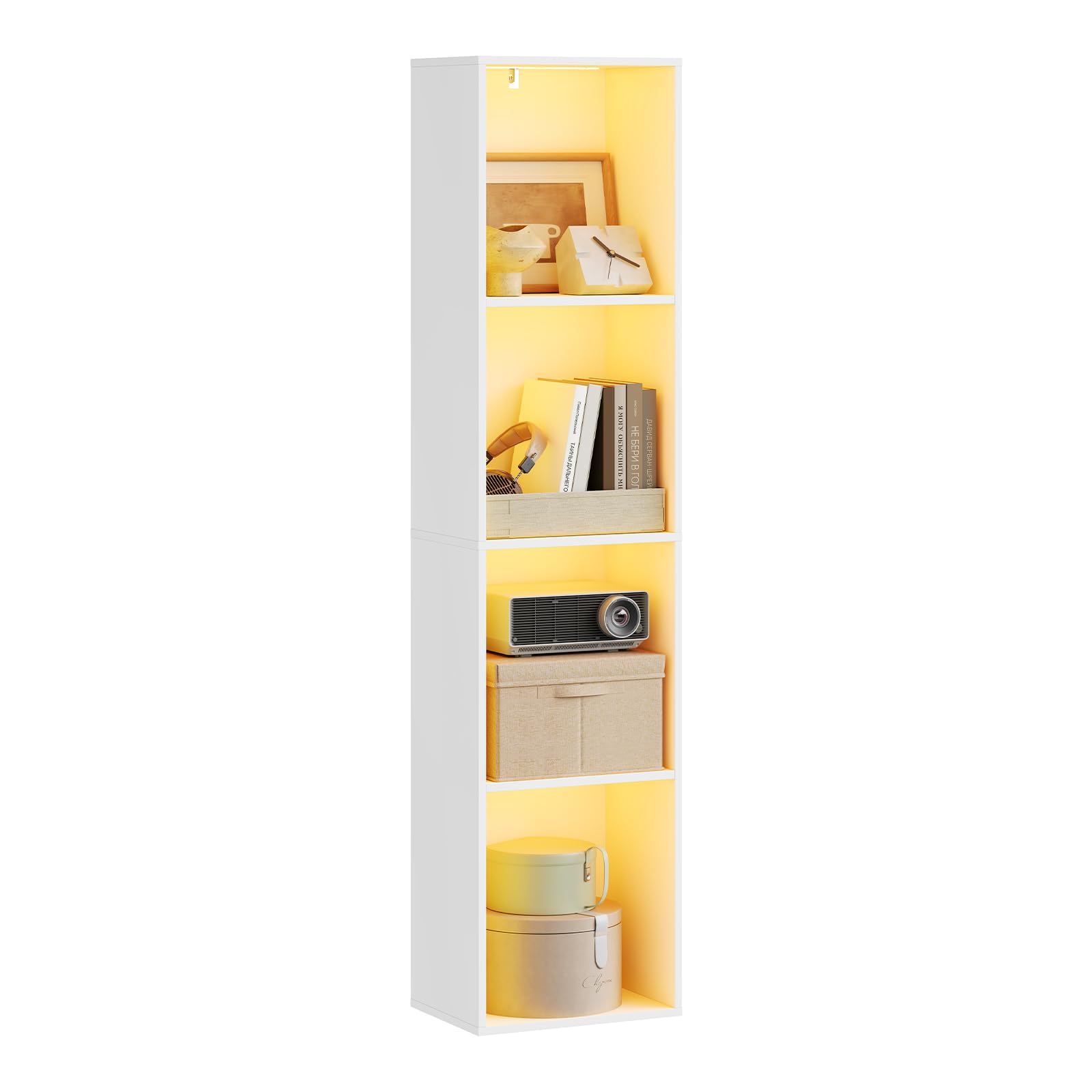 WOLTU Libreria Verticale con Luce LED e 4 Scomparti, Scaffale Libreria con Dispositivo Antiribaltamento, 40x29x170 cm, Stile Moderno, in Legno per Soggiorno, Camera da Letto e Studio, Bianco