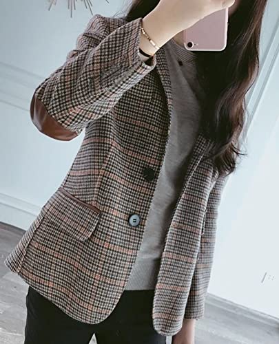 Hotmiss Womens Houndstooth Plaid Blazer Suits Nothced Lapel Single Breasted Jacket Coat with Patched Elbow4
