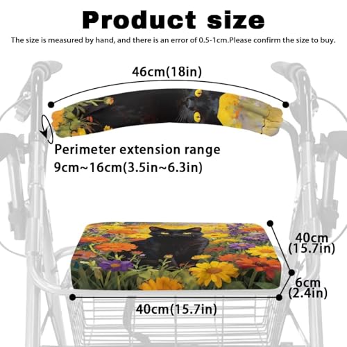 Image of Universal Rollator Walker Seat and Backrest Covers for Ladies Flower Black Cat Rollator Accessories Cute Walkers for Seniors with Seat Covers
