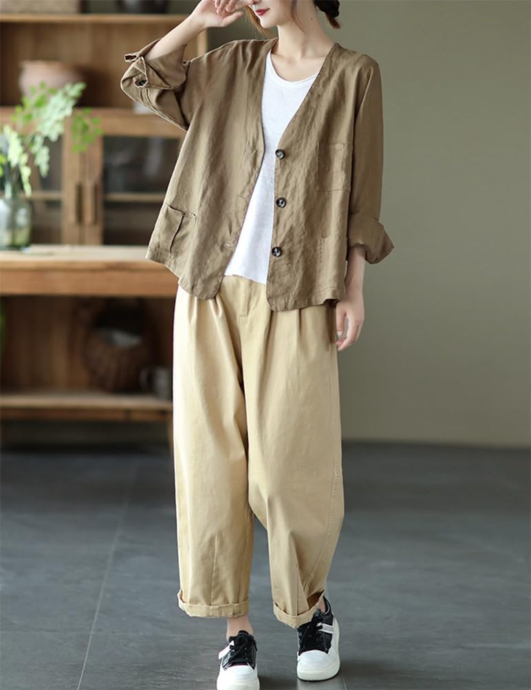 Blazer Oversize in Cotone e Lino da Donna Manica Lunga con Scollo a v Casual Leggero Blazer Primaverile Cardigan Blazer Cardigan Business Casual Blazer