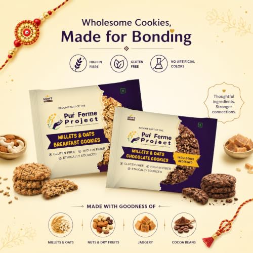 Image of PurFerme Project Bhaiya Bhabhi Rakhi Gift Hamper for Brothers & Sisters | 8-Items Combo with Kundan Rakhi, Millet & Oats Chocolate and Breakfast Cookies & Roli Chawal | Raksha Bandhan Gift Box