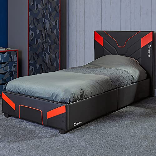 X-Rocker Cerberus - Cama para juegos en una caja, marco de cama individual de 3 pies, listones de madera, piel sintética, estribo bajo, efecto fibra de carbono, color negro y rojo, 90 x 190 cm