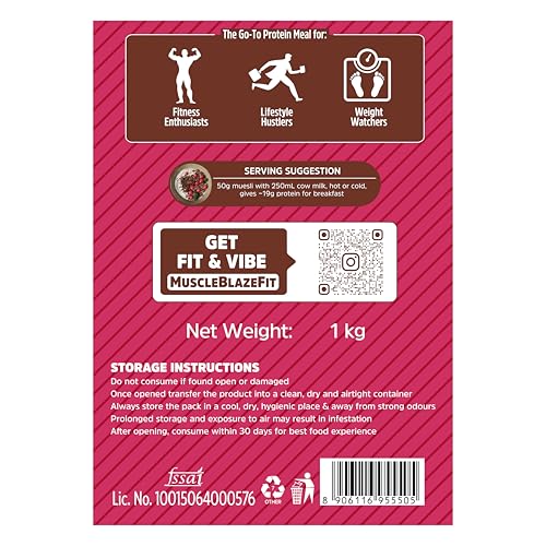 Image of MuscleBlaze Fit High Protein Muesli (1kg, Dark Chocolate & Cranberry) | 22g Protein | With Raisins, Almonds & Super Seeds,High Protein Breakfast Cereals