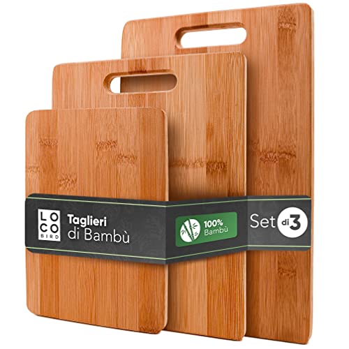 Loco Bird taglieri in bambù massiccio set di 3-33x22 / 28x22 / 15x22cm - Tagliere da cucina in legno - Tagliere in legno antibatterico