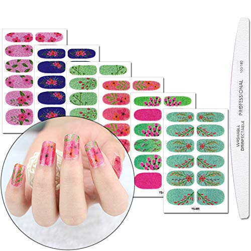 WOKOTO 6 Sheets Full Wraps Nail Polish Stickers With 1Pcs Nail File Self-Adhesive Nails Decals Strips Flower Manicure Kit For Women