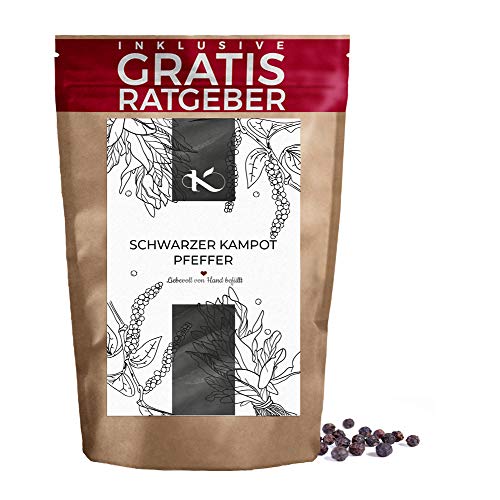 Kampot Pfeffer schwarz ganz 60g | Gourmet Pfeffer schwarz inkl. Gratis Ratgeber | Qualitäts echter Kampotpfeffer für Pfeffermühle Gewürze Nachfüllpack Cover