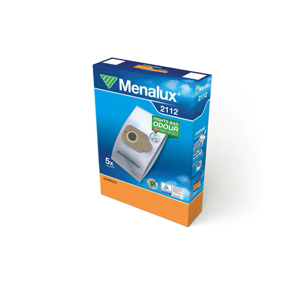 Menalux 2112 Staubsaugerbeutel für Rowenta RO 64, RO 6432, RO 63, RO 68 / 5 Staubbeutel Duraflow Synthetik, 1 Motorfilter, Weiß