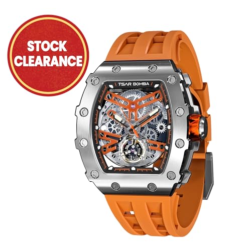 Image of TSAR BOMBA Men's Automatic Watch Tonneau Luxury Skeleton Watches for Men Mechanical 50M Waterproof Analogue Watches Mens Unique Cool Square Big Face Dial Wristwatch with Silicone Strap Band