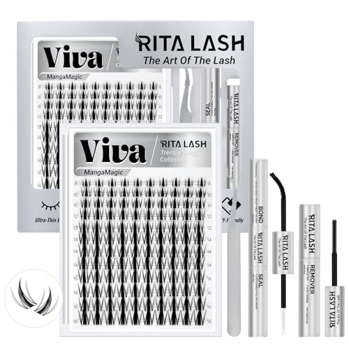 Viva Lash Clusters Kit Fairy Lash Clusters Clear Band Manga Lashes Clusters Kit D Curl Eyelash Clusters Kit Cluster Eyelash Extension Lash Extension+Lash Bond&Seal Lash Glue Remover Tweezers(Viva Kit)