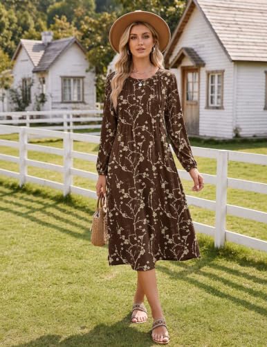 Image of Zeagoo Fall Dresses for Women Long Sleeve Midi Dress Casual A Line Dresses 2026 Pleated Flare Dress with Pockets