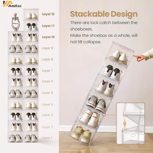 Image of 12 Pack Clear Shoe Storage, Stackable Shoe Organizer, Shoe Boxes for Closet | Plastic Shoe Containers with Magnetic Door, Sturdy Sneaker Storage Organizer, Shoe Cabinet Fit up to US Size 12