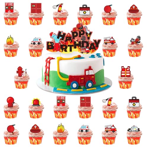 Bombeiros decoração para bolos, 32 peças Toppers para bolos de combate contra incêndios, aniversário Cake Topper, bombeiros Cupcake Toppers, para crianças decoração de festa de aniversário