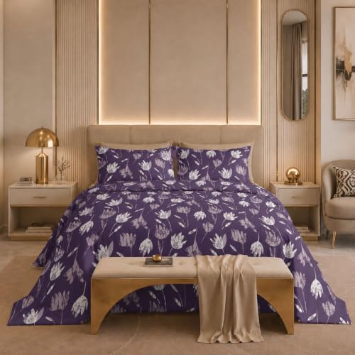 Image of Jaipur Weaves Cotton King Size Bedsheet 108x108 Super King, 100% Pure Cotton Bed Sheet with 2 Pillow Covers, 300 TC Soft Breathable Floral Design Bedding (Purple Tulips, Super King)
