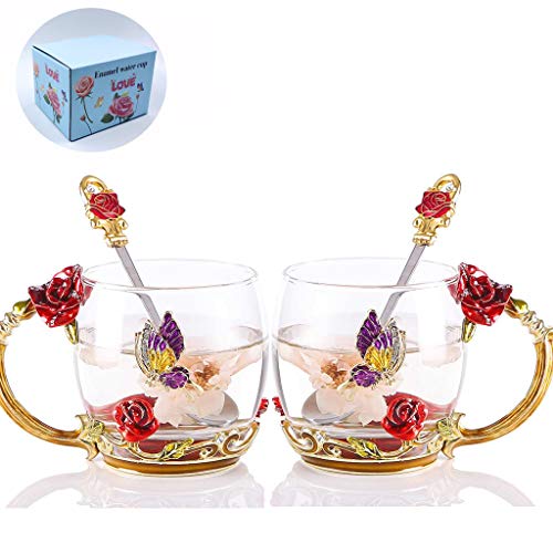 Sqodok Flower Tea Cup Set for Valentine's Day, Enamel Glass Coffee Mugs with Rose, Handmade Leed-Free Teacups Drinking Mugs for Women Grandmother Gift, 11oz, 2Pack