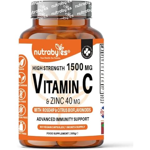 Vitamin C and Zinc Capsules | High Strength Vitamin C 1500mg and Zinc 40mg | Enhanced with Rosehip and Citrus Bioflavonoids | for Maintenance of Normal Immune System | 60 Vegan Capsules | Made in UK Cover