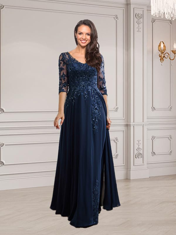 YAUTKA 3/4 Sleeves Mother of The Bride Dresses for Wedding Long Chiffon Lace Formal Dresses for Women 20254