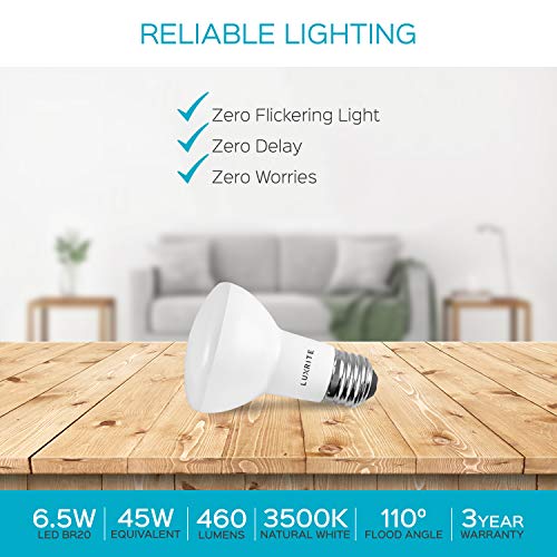 Luxrite 6-Pack Br20 Led Bulb, 45W Equivalent, 3500K Natural White, Dimmable, 460 Lumens, R20 Led Flood Light Bulb, 6.5W, E26 Medium Base, Damp Rated, Indoor/Outdoor - Recessed And Track Lighting #TOP7